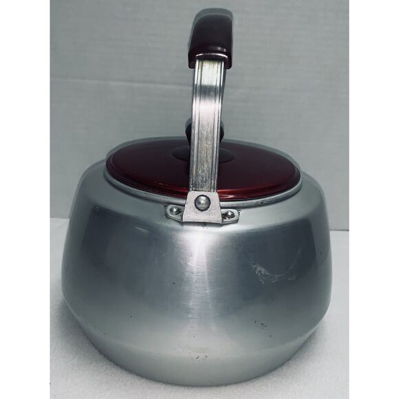 Aluminum Tea Kettle with Red Lid and Handle -Camel Farmhouse Chic ! Gallon GUC - Picture 4 of 13